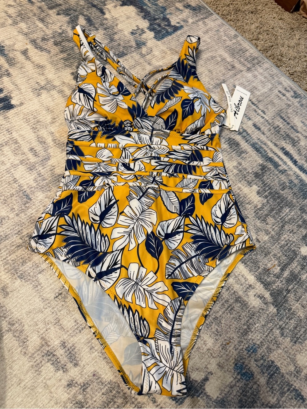 Women Yellow Tropical Leaf One-Piece Swimsuit by